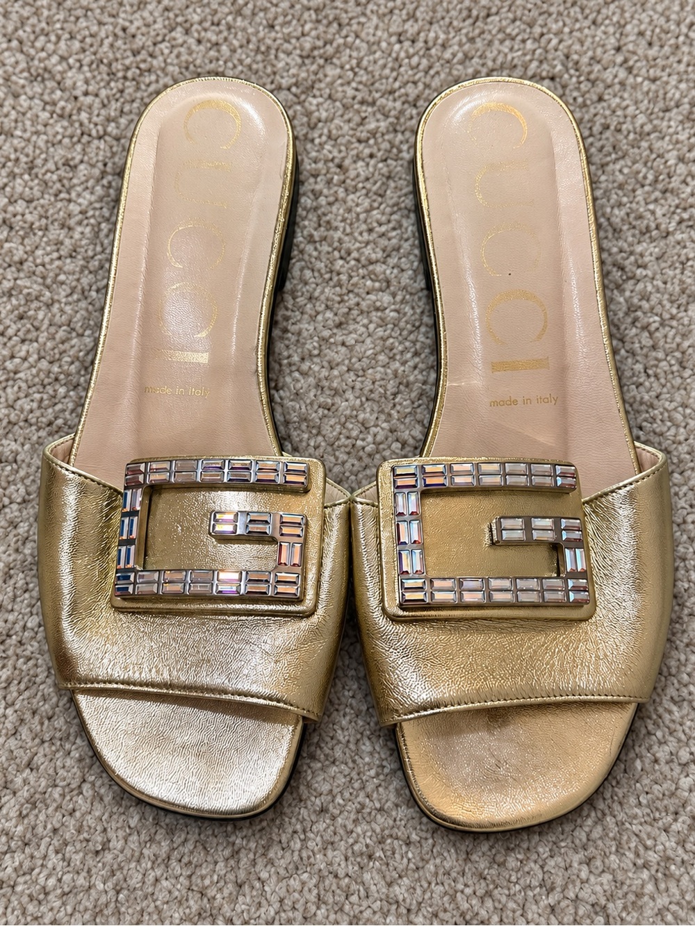 Gucci Gold Crystal G Slide Sandals | Size 38.5 ✨